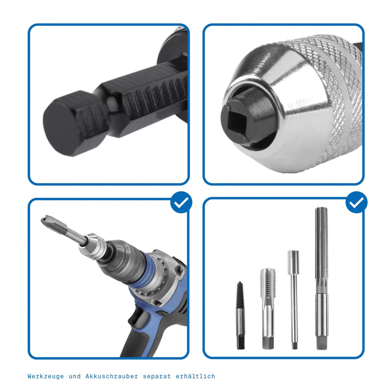 GSR Thread Cutting Adapter M5-M12 | Tool Holder with 3/8" Hex Shank & Square Socket | For All Standard Cordless Drills | Clamping Range 5-9mm | Accessories for Hand Taps M5–M12