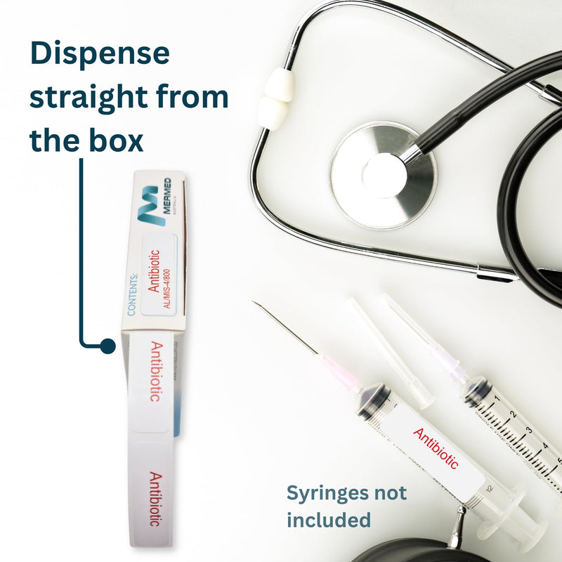 Antibiotic Medical/Syringe Labels - Box of 800 Labels on Roll (1" core). 12mm x 40mm (Approx 0.5" x 1.5"). Latex-Free Permanent Adhesive. Printed in Australia by Specialist Medical Printer. Antibiotic
