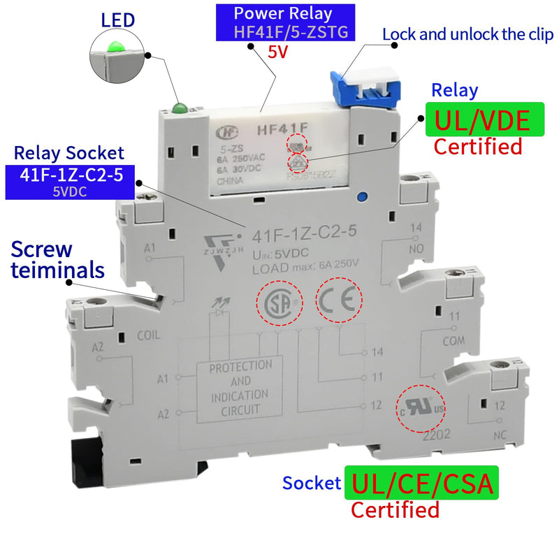 [Australia - AusPower] - 3 Pcs Miniature 5 Volt DC Relay HF41F/5-ZS 5 Pin 1NO 1NC 6A SPDT with LED Indicator, Socket Base and DIN Rail Module 5V DC 3 