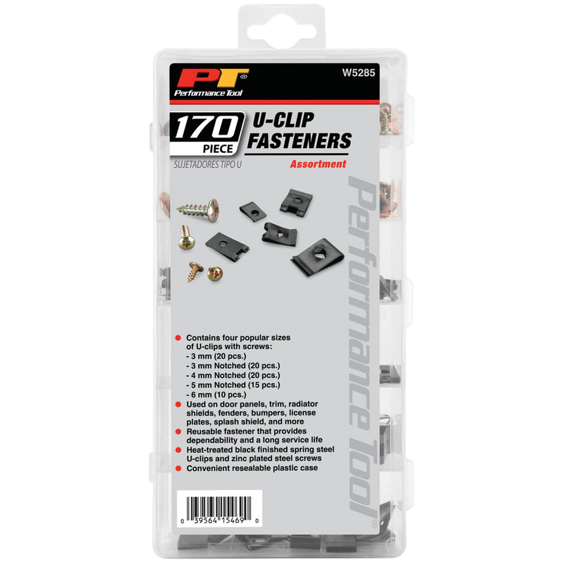[Australia - AusPower] - Performance Tool W5285 170 pc. U-Clip Fastener Assortment, Heat-Treated Zinc-Plated Steel, Reusable, Sizes 8-20mm Notched and Un-Notched with Screws and Case, Black 