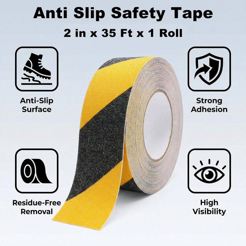 Anti Slip Traction Tape, Heavy Duty Grip Tape for Outdoor Stairs Step Treads Floors, Safety Non Slip Roll Waterproof Caution Black Yellow 2 Inch x 35 Ft