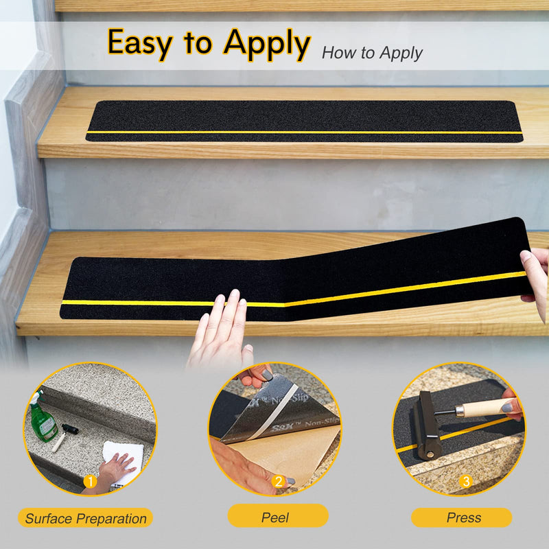 S&X 10-Pack Outdoor Stair Treads Non Slip - Pre-Cut Anti Slip Tape 6” x 24” - Reflective Non Skid Grip Tape for Stairs, Steps, Decks, Ramps 6" x 24" Reflective/Black
