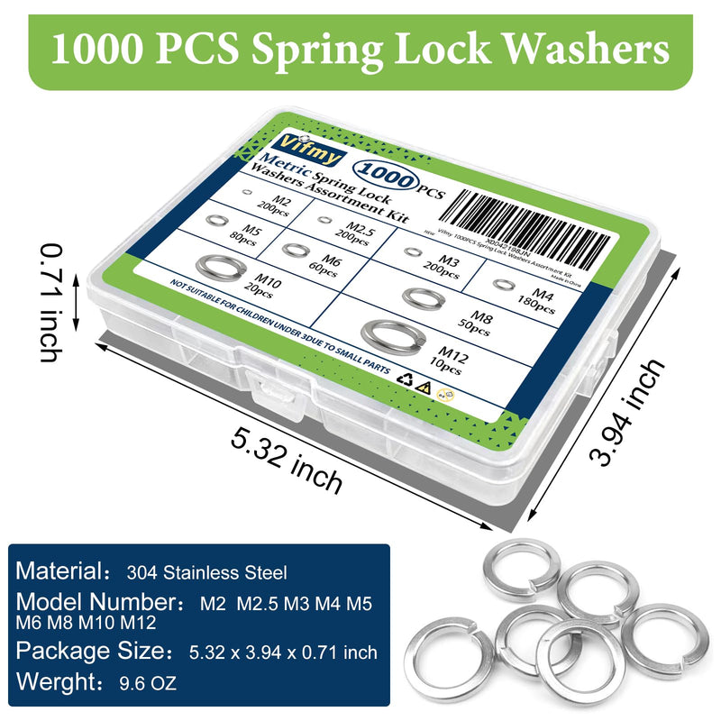 [Australia - AusPower] - Spring Lock Washers Assortment Kit(1000 Pack),M2 M2.5 M3 M4 M5 M6 M8 M10 M12 Metric Split Lock Washer Set,304 Stainless Steel Lock Washers for Screws Bolts 