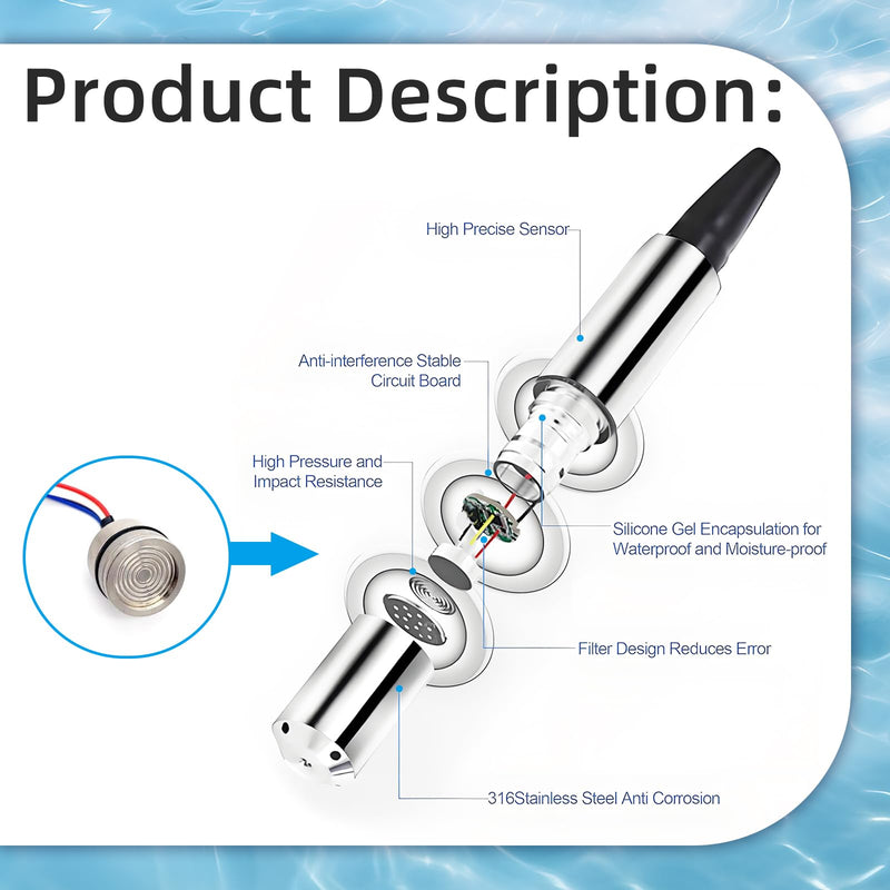 [Australia - AusPower] - Submersible Level Transmitter, Liquid Water Level Transmitter Sensor 5M Cable Detect Controller Float Switch Pressure Transmitter, 4-20MA Stainless Steel Liquid Level Sensor for Pump Water 0-5M 