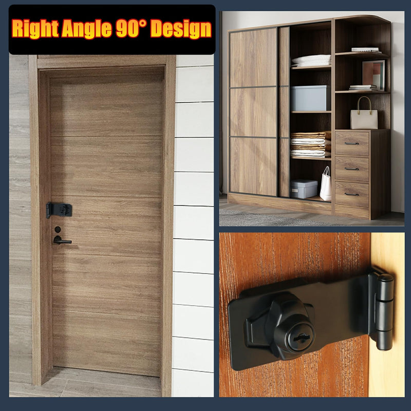 [Australia - AusPower] - Alise Keyed Hasp Lock Right Angle 90°,3 Inch Safety Packlock Clasp Hasp Lock Latch with Lock, Black Door Hinge Lock with Keys Keyed Locking Hasp for Cabinets Closets Doors 3 Inch 
