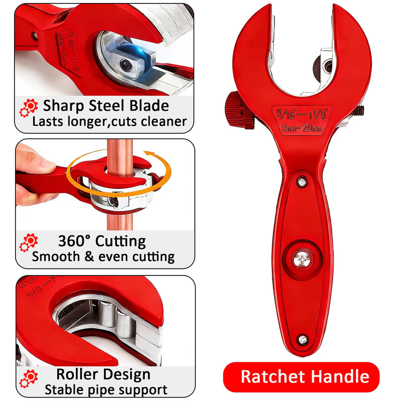 Ratcheting Tubing Cutter, Copper Pipe Cutter, Tubing Cutter 5/16" To 1 1/8", 2 in 1-360° Close Quarters Tube Compact Cutter with Deburring Tool for Cutting Copper and Metal Pipes(Red,1/4"–7/8")