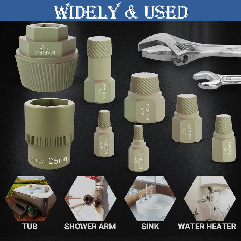 MABLEVI 1.5" Tub Drain Extractor, 8PCS Pipe Nipple Extractors Set with 1-inch Socket, Remove The Old, Broken, Stubborn, Rusted Drain Tub Bathtub Stopper, Plumbing Tools with Solid Storage Case 8-Piece