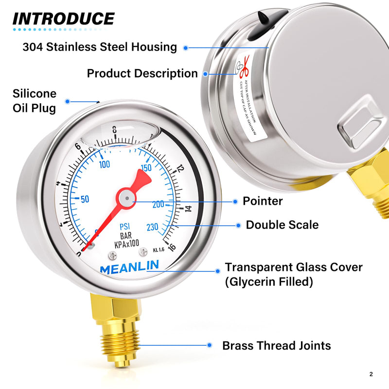 [Australia - AusPower] - MEANLIN MEASURE 0-16BAR/0~230Psi Stainless Steel 1/8" BSP 1.5" Face Dial, Glycerine Filled Pressure Gauge, Liquid Filled, Water Oil Air, Forearm, with 1/8" x 1/4" BSP and 1/8" x 3/8" BSP Hex Socket 0~16BAR/0~230PSI Mounted on the bottom 