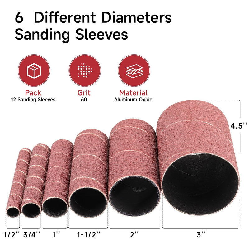 [Australia - AusPower] - Spindle Sander Sleeves for Spindle Sander 150 Grit Sandpaper, 115mm Length, 6 Different Diameters 1/2 in., 3/4 in., 1 in., 1-1/2 in., 2 in. and 3 in 