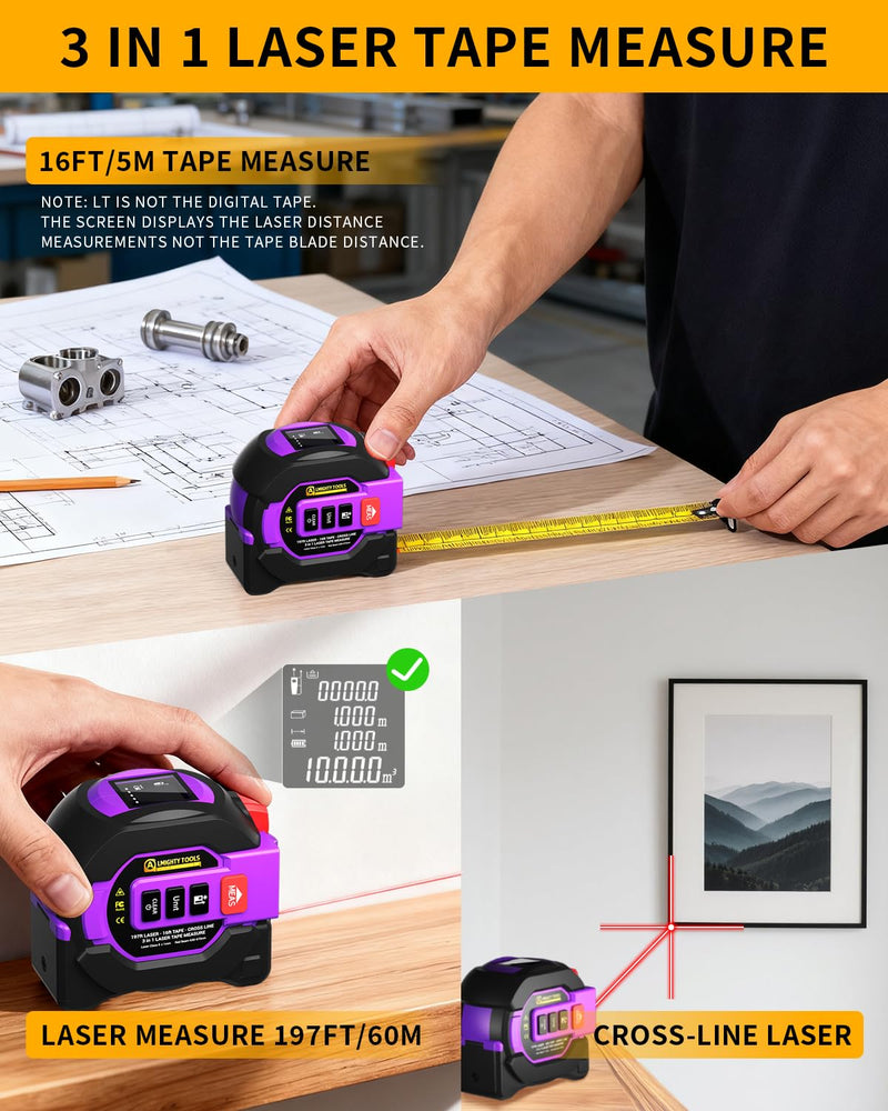 [Australia - AusPower] - 3 in 1 Digital Laser Tape Measure, 197ft/60m Laser Distance Meter, 16ft/5m Digital Tape Measure with Cross Line, AutoLock, ft/in/m Unit Switch, Measure Area, Volume, Pythagorean 