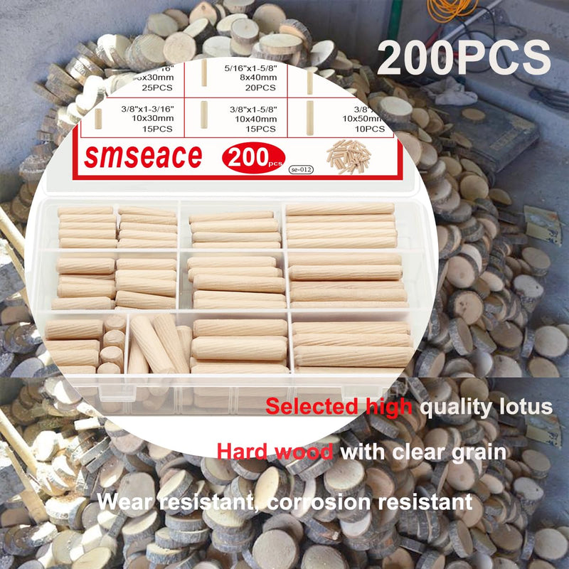 smseace 200Pcs Wooden Dowel Pins with Tapered End with Bevel Angle Groove Wood Pegs - 9 Sizes 6/25" 5/16" 3/8"(6mm, 8mm, 10mm) Used for Crafts, Furniture, Door, DIY(with storage box)