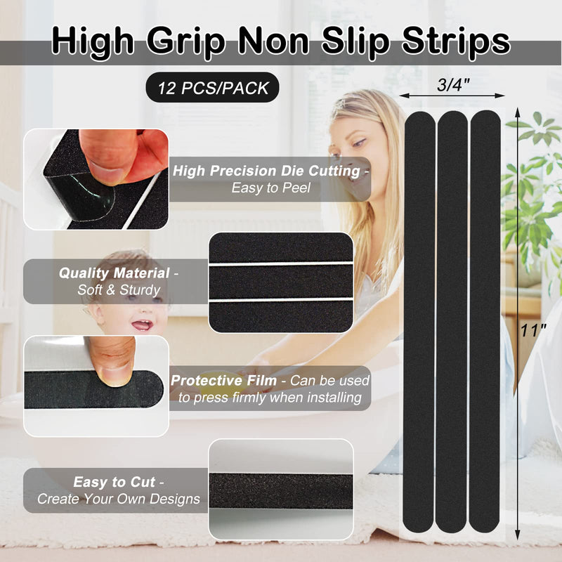 S&X Non Slip Safety Stickers,Gritty Textured Slip-Resistant Treads,0.75-Inch by 11-Inch,12 Strips Per Pack (Black) Black 12