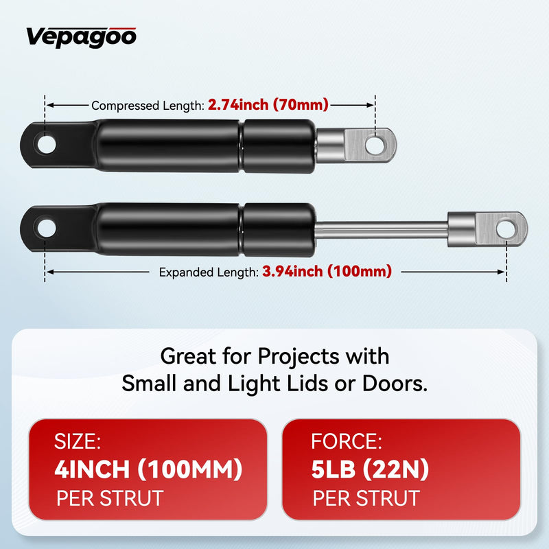 [Australia - AusPower] - Vepagoo 4 Inch 5Lb/22N Gas Struts Spring Shocks Cabinet Door, 4 mm Hole Connector Mini Lift Supports for Cabinet Furniture Hinged Flip-up Door Storage Toy Tool Boxes, Set of 2 
