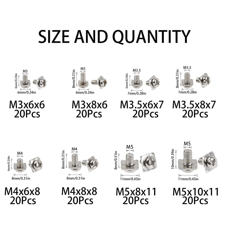 [Australia - AusPower] - 160Pcs M3 M3.5 M4 M5 Terminal Block Screws Assortment Kit with Square Washers, Nickel Plated Carbon Steel, Silver 