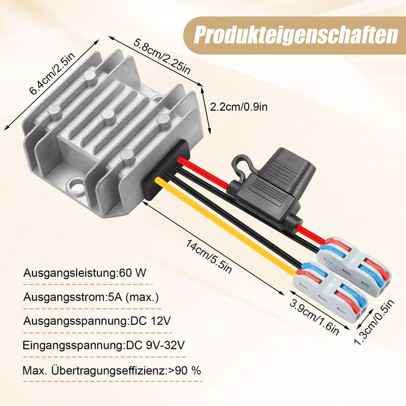 DC/DC 9-32V to 12V Port Converter, Car, Boat, Photovoltaic | 12/24V to 12V 5A 60W MAX, waterproof buck converter with fuse and terminal block
