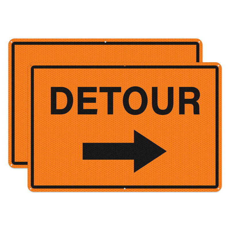 2 Pack Detour Sign with Right Arrow 12 x 18 Inch Reflective Aluminum Traffic Signs Rust-Free Waterproof Road Barricade Signs for Construction Zones Parking Lots Driveways Orange-Right Arrow