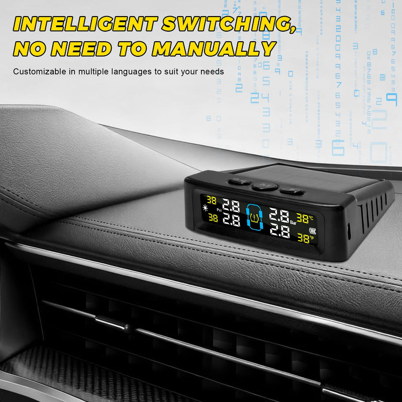 Sun Walker Tire Pressure Monitoring System, Wireless Tire Pressure Monitor with 4 Sensors & 6 Alarm Modes, Real-Time LCD Display TPMS with Solar & USB Charger for RV Truck Trailer