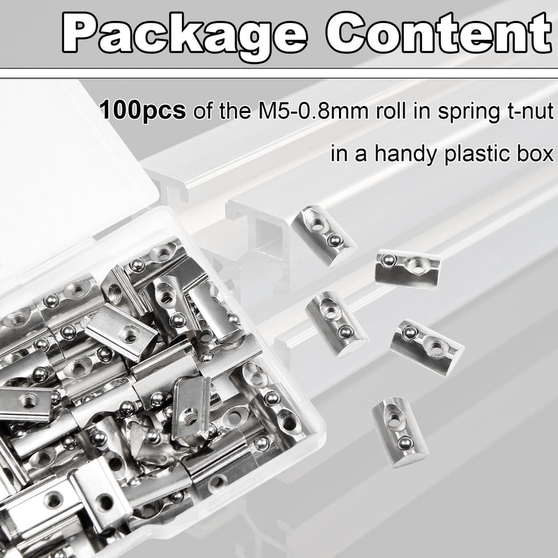 [Australia - AusPower] - M5 T Nut Roll-in Spring Loaded 100pcs M5x0.8mm Half Round Roll T-Nuts Carbon Steel Nickel Plated for 20x20 20 Series Aluminum Extrusions 3D Printer Replacement Tiny Nuts M5-100PCS 