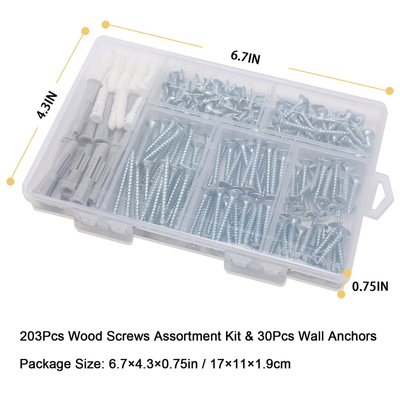 [Australia - AusPower] - High Hardness Wood Screws Assortment Kit and Plastic Wall Anchors, 203 pcs 1/2" to 1-1/2" Phillips Drive Flat Head Screws & 30 pcs M6 Drywall Anchors Screws and Anchors 