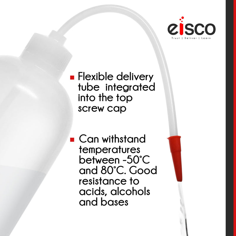 EISCO Wash Bottle, 1000ml - Polyethylene - Translucent, Unbreakable - Screw Cap with Flexible Delivery Tube for Dispensing Liquid - Includes Tube Cap (Pack of 2) 33.8 Ounces (Pack of 2)