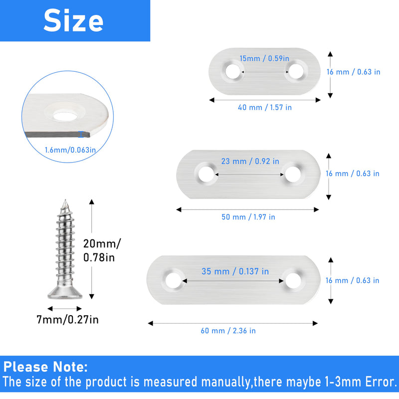 [Australia - AusPower] - 40 Pcs Stainless Straight Bracket (1.57*0.63 inch) Flat Straight Braces, Metal Fixed Connecting Plate, Can be Used to Repair Furniture, Bookcase, Table,Chair legs, Beds Etc. with 80 Pcs 304 SS Screws 40mm / 40 Pcs 
