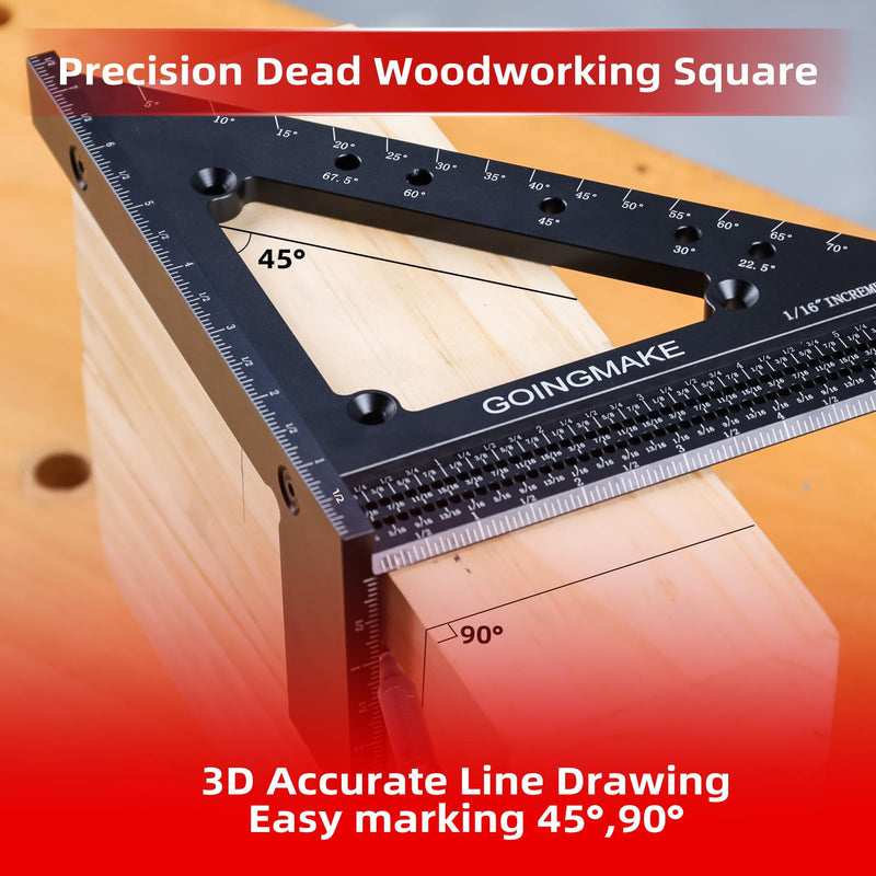 GOINGMAKE Big Carpenter Square 6x7.5 Inch Hole Scribing Ruler 3D Multi Angle Measuring Ruler 22.5-90 Degree Woodworking Square with Fixed Angle Pin 4 in 1 Square for Engineering and Construction