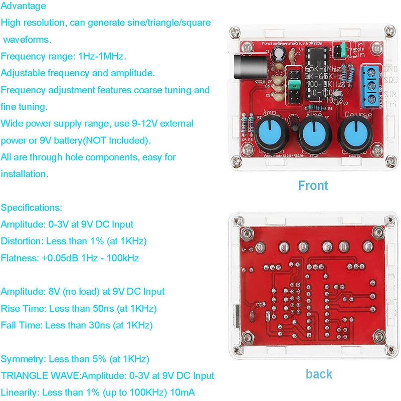 [Australia - AusPower] - Youmile XR2206 High Precision Function Signal Generator DIY Kit 1HZ-1MHZ Frequency Module 9-12V DC Input Sine / Triangle / Square Output Adjustable with DC Plug Cable 