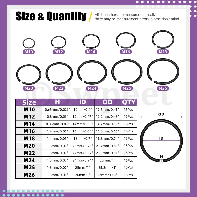 [Australia - AusPower] - Swpeet 150Pcs 10 Sizes 10mm-26mm Carbon spring steel Manganese Steel Round Wire C-Clips External Snap Ring Assortment Kit, M10 M12 M14 M16 M18 M20 M22 M20 M24 M25 M26 Round Wire Snap Rings for shaft Retainer Clip 