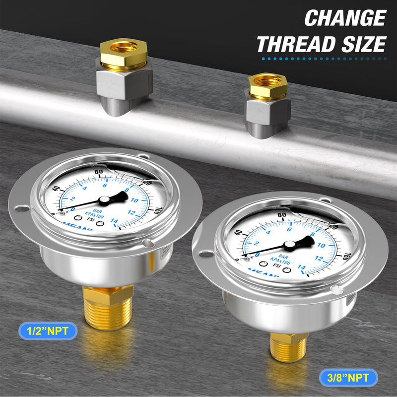 [Australia - AusPower] - MEANLIN MEASURE 0~200Psi Liquid Filled Pressure Gauge Front Flange Panel Mount, 1/4" NPT 2.5" FACE DIAL Stainless Steel Case with Phillips Screw, Nut and Brass Hex Bushing, +/-3-2-3% 