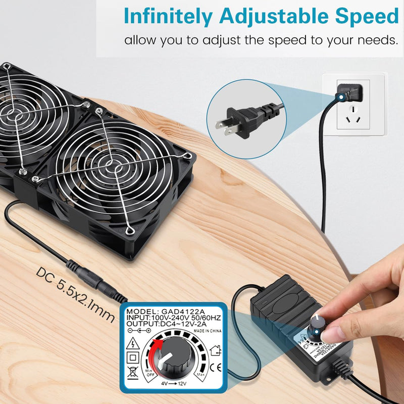 GDSTIME Dual 120mm x 38mm Computer Fan with AC Plug, AC 110V-240V Variable Speed Fan 240mm for DIY Cooling Mining Rig Server Case Grow Rack AV Cabinets Room to Room Basement Garage Ventilation Exhaust 2* 120x38mm fan