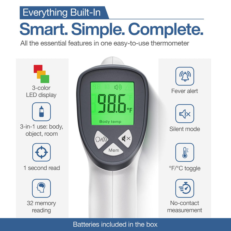 [Australia - AusPower] - Infrared Thermometer – No-Touch | 3-in-1 for Kids & Adults | 1s Instant Read | IR Temperature Gun | Smart Color Response | Silent & Night Glow | Batteries Included 