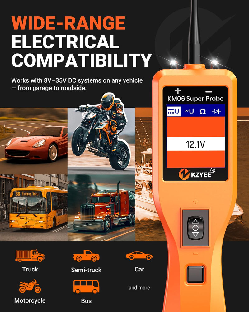 KZYEE KM06 Automotive Power Circuit Probe Tester 8-35V, All-in-One Electrical Diagnostic Tool with Component Activation, Short Circuit Finder, Wire Tracer & Trailer Light Tester for Cars, Trucks & RVs Amber Orange