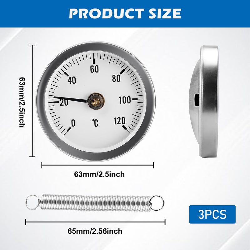 [Australia - AusPower] - Heating Pipe Thermometer, Pack of 3 Insertion Pointer Thermometer for Heating Systems and Boilers, 0-120°C 63 mm Pipe Thermometer, Industrial Pipe Thermometer 
