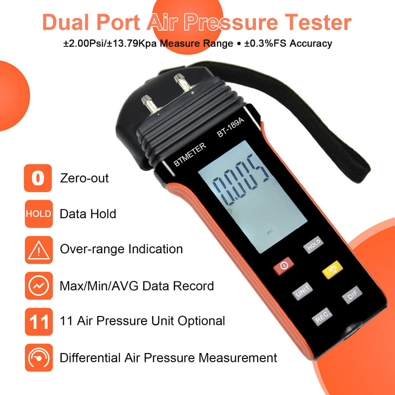 [Australia - AusPower] - BTMETER Manometer HVAC Gas Pressure Tester 189A, Dual-Port Air Pressure Meter Gauge with Hose Kit Measure Static Pressure Differential Gas Pressure for Furnace Water Column Orange 