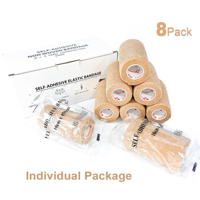 [Australia - AusPower] - [8 Pack 4" x 5 Yards] Carbou Self Adhesive Cohesive Bandage Wrap, Self Adherant Non-Woven Wrap Rolls, Atheletic Tape for Wrist, Ankle, Hand, Leg, Premium-Grade Medical Stretch Wrap Beige 8 Count (Pack of 1) 