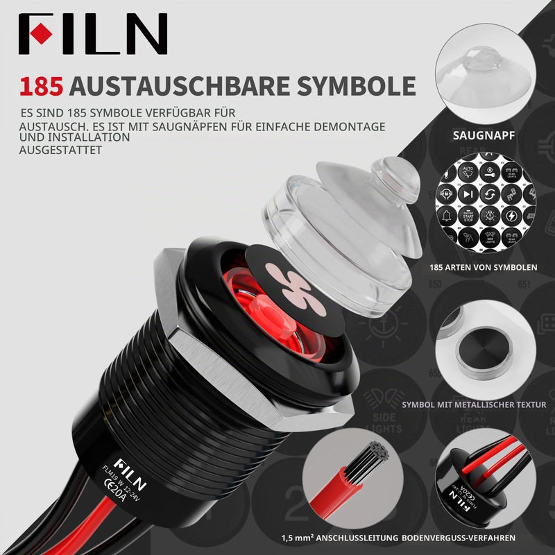 1NO1NC Waterproof 19 mm Switch Push Button 12V-24V Red LED Pack of 2 | Metal pre-wired with cable IP67 pressure switch with 185 interchangeable symbols for car, boat, industry Sperrtaster 19mm