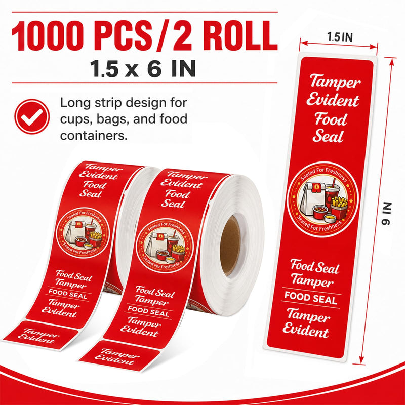 1000-Pack Tamper Proof Stickers, 1.5in x 6in Strong Adhesive Food Delivery Evident Stickers Sealed for Tamper Detection, Easily Use Labels Tapes for Boxes, Cups, Coffee, Envelopes, Documents Red 1000