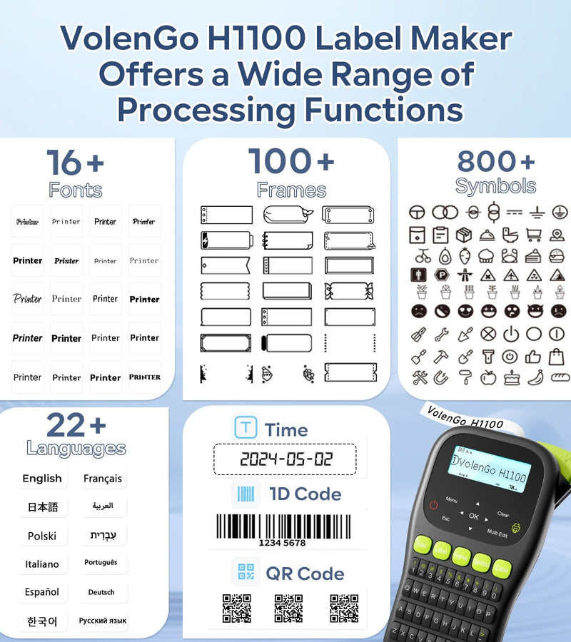 [Australia - AusPower] - Label Maker Machine with-Tape, Label Maker Waterproof-Labels, Wire Labeler Machine with Tapes Laminated, H1100 Handheld Labeling Maker, Backlit-LCD & One-Touch Key, Home Industrial Office Organization Black Label maker with Tape 