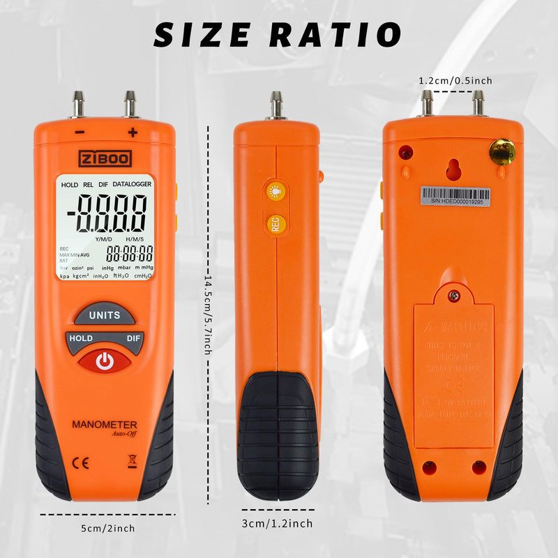 ZIBOO ET1013 Digital Manometer, Air and Gas Pressure Tester, Differential Dual Port Pressure Gauge, Large LCD Display with Backlight,HVAC Gas Pressure Tester ZIBOO ET1013