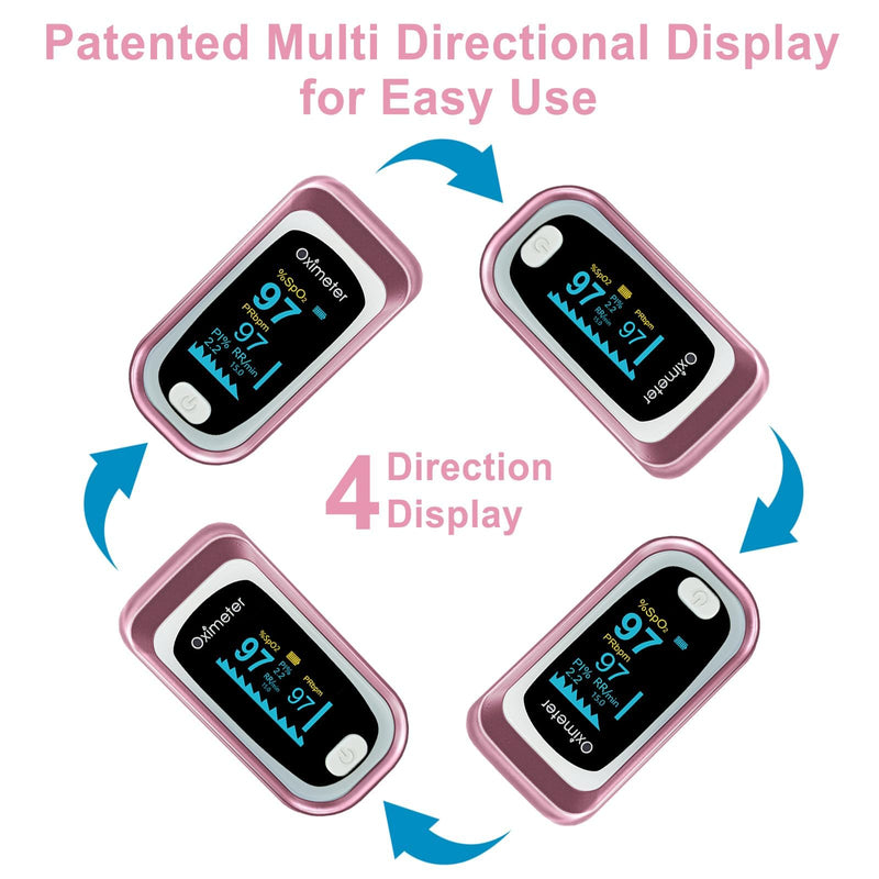 [Australia - AusPower] - Pulse Oximeter Fingertip, 4 Data Pulse Oximeter with Respiration, Pulse Oximeter with Respiratory, Pulse Oximeter SpO2 Pulse Rate Count(Pink) 