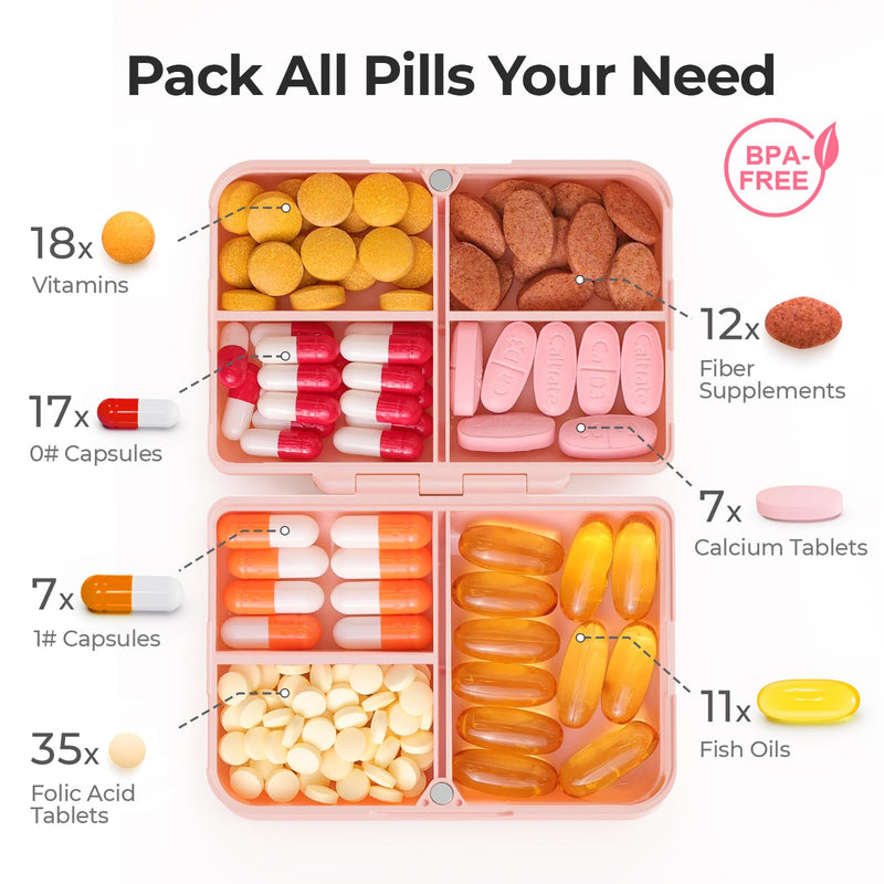 [Australia - AusPower] - AUVON Daily Pill Organizer Fit with Your Purse or Pocket, Compact Travel Pill Box Case with Slim Folding Design and Long-Lasting Hinges to Hold Vitamin, Fish Oil, Supplement or Jewelry(Pink) Bright Pink 