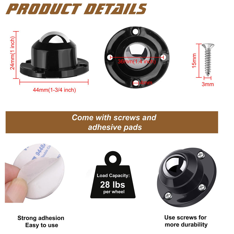 [Australia - AusPower] - PlusRoc 8 Pack Self Adhesive Caster Wheels 1 Inch For Furniture Bucket, Load Capacity 28LBS Per Wheel, Low Profile Swivel Paste Universal Wheels For Small Appliance Storage Bins Steel Ball 8.0 