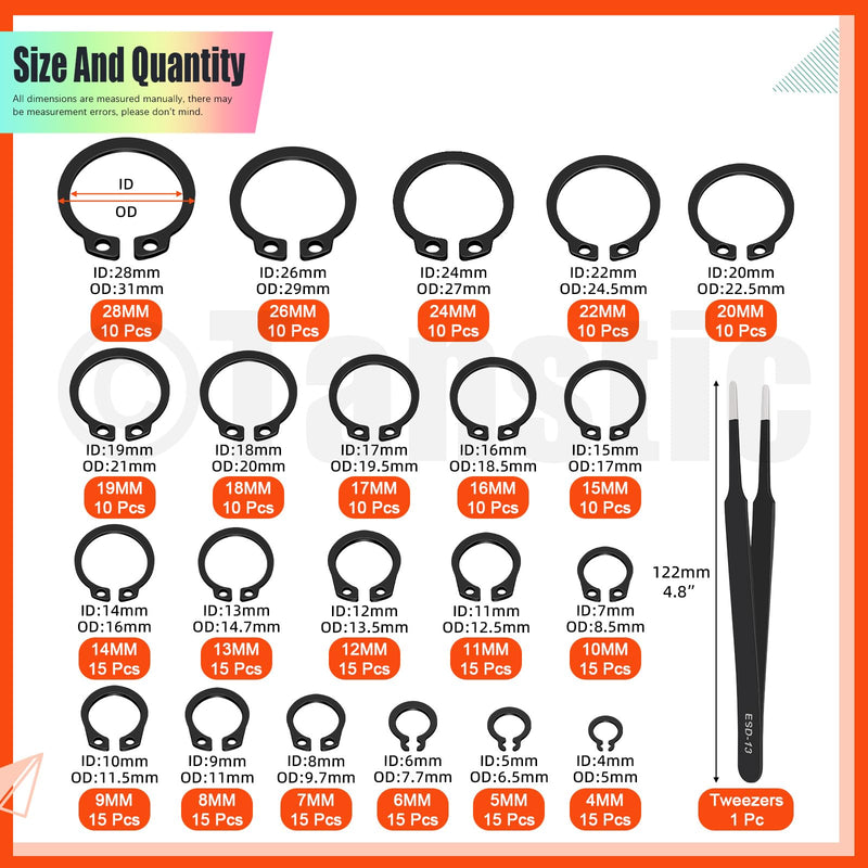 [Australia - AusPower] - Tanstic 265Pcs 21 Sizes External Retaining Rings Snap Rings Assortment Kit Snap Retaining Clip Ring Circlip C-Clip for Axles, Shafts(4mm-28mm) Black 
