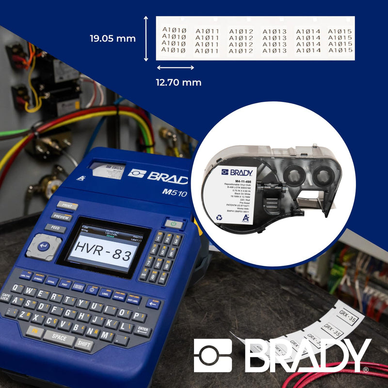 Brady Authentic (M4-11-498) Repositionable Multi-Purpose Vinyl Cloth Labels 0.5" H x 0.75" W Black on White, 220 Labels. for use with the BMP41, BMP51, and M511 Label Printers