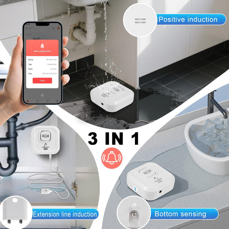 WiFi Water Leak Detectors 100dB Smart Water Sensor Alarm with 3.22 ft Sensor Cable Triple Detection Mode, with App Remote Monitor, Wireless Tank Level Monitor for Basement, Kitchen, Bathroom(1pack) 1pack