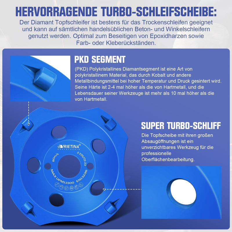 [Australia - AusPower] - PKD PCD Diamond Cup Wheel 125 x 22.23 mm, 4 Segments, Grinding Disc for Angle Grinder, Concrete Grinder, Masonry, for Coating, Tile Adhesive, Screed on Concrete, Granite, Natural Stone 