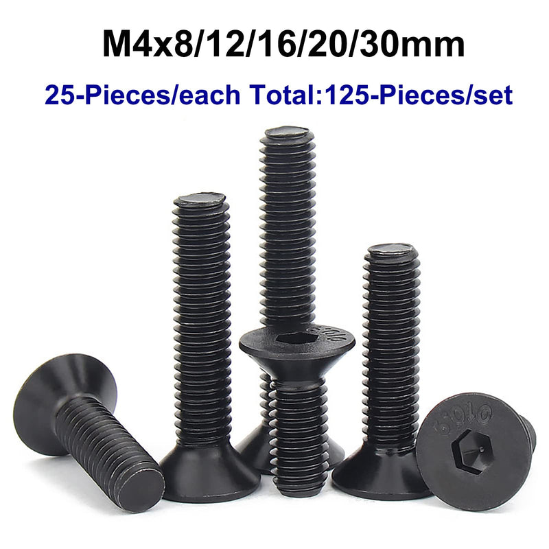 [Australia - AusPower] - 125PCS Grade 10.9 Alloy Steel Flat Head Hex Socket Cap Screws Bolts, M4 x 8/12/16/20/30mm Allen Head Hex Drive Machine Screws Set with Hex Key, Black Oxide Finish, Fully Threaded Pitch : 0.7 mm 125pcs-M4 x 8/12/16/20/30 