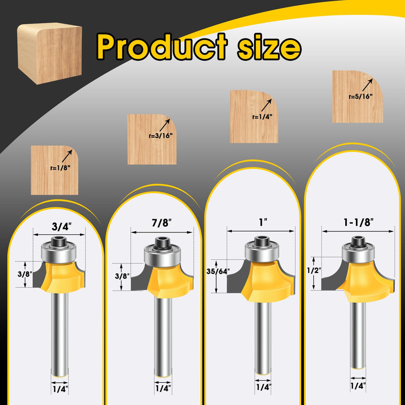 [Australia - AusPower] - 4PCS Router Bit Set Feanron Router Bits 1/4 inch Shank, Roundover Router Bit Cutting Diameter in 1/8", 1/4", 3/16", 5/16", CNC Router Bits Edging Cutter for Woodworking Forming Molding Profiling Chrome Yellow 