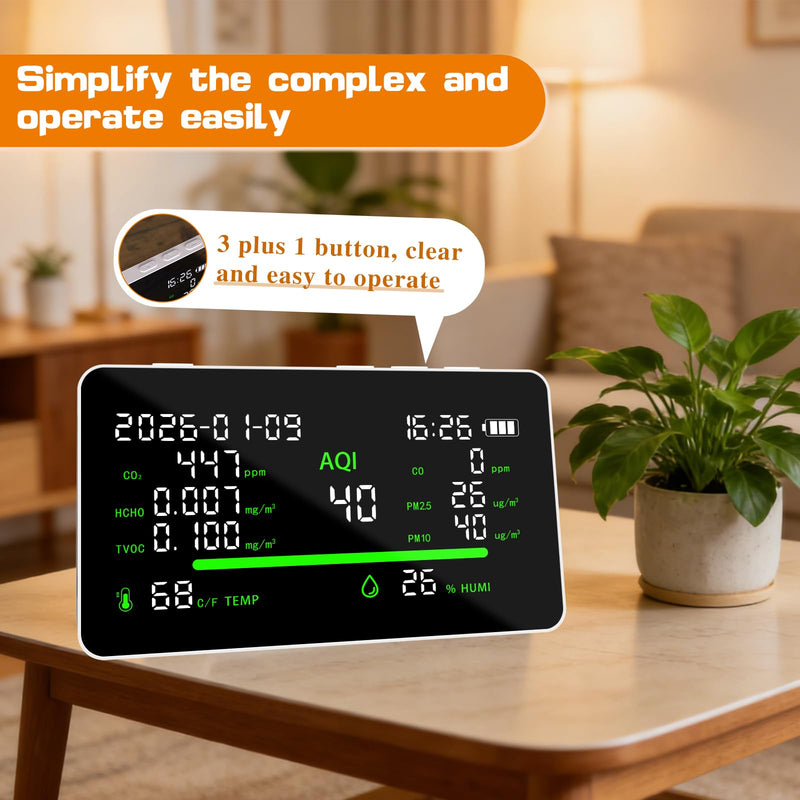 [Australia - AusPower] - 11-in-1 Air Quality Monitor, Indoor CO2VOC/AQI/PM2.5/Thermometer/Humidity Monitor, Portable Smart Air Quality Meters, Air Quality Tester for Home Office Outdoor, Battery Powered 