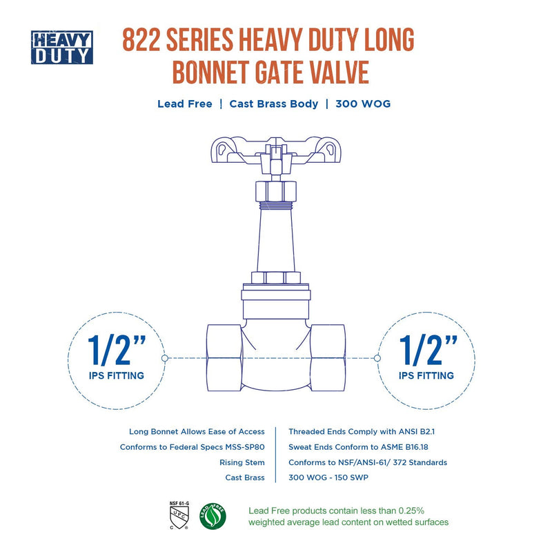 Midline Valve I44U234 Long Bonnet Gate Valve with Wheel Handle, Heavy Duty, Lead-Free, Water Shutoff 1/2 in. FIP Connections, Cast Brass Single Pack 1/2 in.